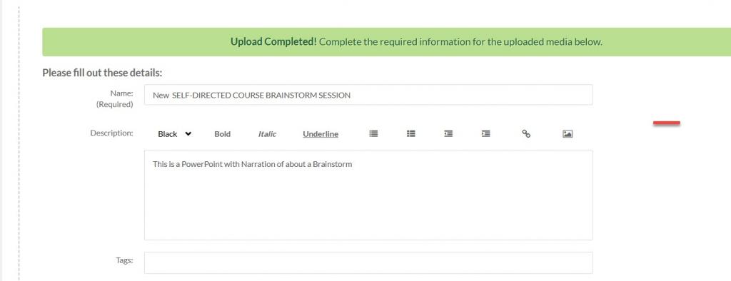 The upload complete screen and details for the video.